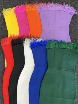 10 Renk Kadın Tüyler Kürklü Bandaj Elbise Yaz Elastik Straplez Bodycon Mini Yüksek Sokak Akşam Kulübü Parti doğum günü elbiseleri
