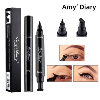 2 İn1 Kanatlı Damga Sıvı Eyeliner Kalem Su Geçirmez Hızlı Kuru Siyah Göz kalemi Eyeliner Kozmetik Çift uçlu Eyeliner