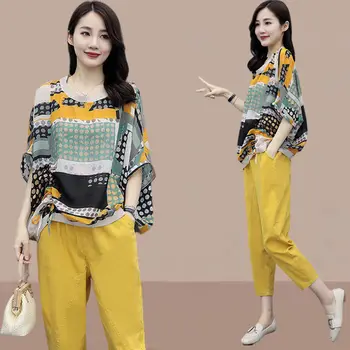 2023 Kadın Yaz Yeni Kore Takım Elbise Kadın Gevşek O-boyun Baskılı Gömlek Tops + Yüksek Bel harem pantolon Bayanlar 2 Parça Setleri E29