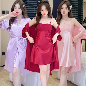 2023 Yaz 2 ADET İpek Saten Seksi Dantel İç Çamaşırı Gecelikler Bornoz Setleri Kadın Pijama Takım Elbise Gecelik gece elbisesi Ev Nighty