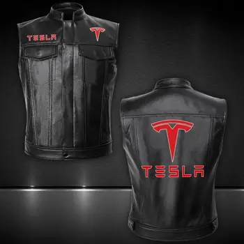 2023 Yeni Bahar Sonbahar erkek Tesla araba logosu Siyah Moda Kolsuz Yelek Rüzgar Geçirmez Fermuar Deri Düz Renk Erkek Yelek