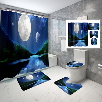 4 Adet Ay Duş perde seti Su Gece Yarısı Manzara Duş Perdesi Banyo Kaymaz Banyo Paspas Tuvalet Kapağı Duş perde seti