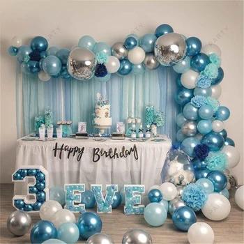 94 adet Mavi Beyaz Gümüş Metal Balonlar Garland Altın Gümüş Konfeti Balon Kemer Doğum Günü Bebek Duş Düğün Parti Dekor