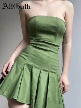 AltGoth Fairycore Grunge Yeşil Elbise Kadınlar Estetik Seksi Straplez Yüksek Bel Korse Elbise Vintage Y2k E-kız Parti Kıyafeti Femme