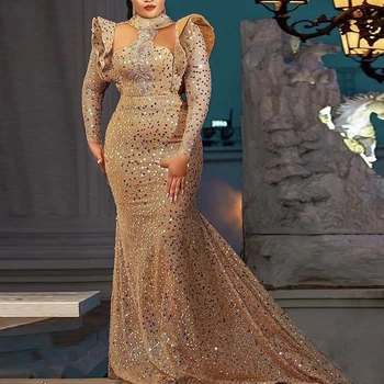 Artı Boyutu Glitter Sequins Abiye Uzun Kollu Yüksek Boyun Afrika Balo Elbise Sparkly Örgün Parti Törenlerinde فساتين السهرة