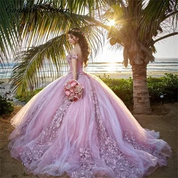 Aydınlatabiliriz Pembe 3D Çiçekler Kapalı Omuz Quinceanera elbise Balo Boncuklu Prenses Tatlı 16 Elbiseler Gelinlik Lüks vestido