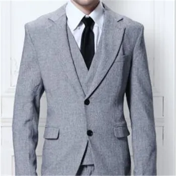 Açık Gri Resmi Düğün Takımları Erkekler İçin 3 adet (Ceket + Pantolon + Yelek + Kravat)Custom Made Blazer Pantolon Yüksek Kalite Düğün Parti Giyim