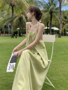 Açık Yeşil Askı Elbiseler Süper Peri Kadınlar Backless Elbise Yaz 2022 Yeni Tatil Zarif Rahat Gevşek Plaj Elbise
