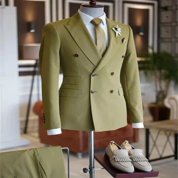 Açık Yeşil Düğün erkek Takım Elbise Özel Tepe Yaka Smokin Damat Giyim Parti Balo Homme Blazer 2 Adet Kıyafetler (Ceket + Pantolon)