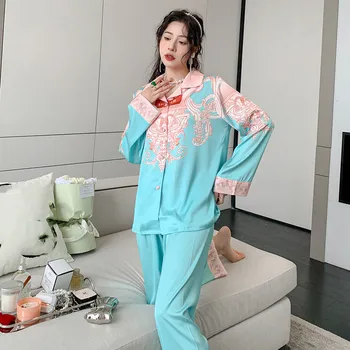 Bahar Göl Yeşil Baskılı Saten Yaka Uzun Kollu Gömlek Pantolon Kıyafeti Kadın Buz İpek Gecelik Pijama Seti Rahat Ev Giysileri
