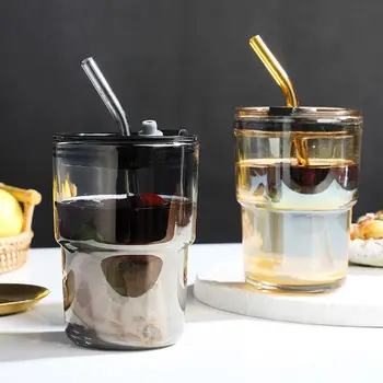 Basit kapaklı kupa Ve Saman Yüksek Kaliteli Süt Kahve Kupa Şerit Cam Bardak çay bardağı Bambu Bardak