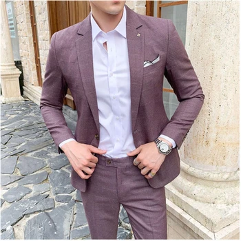 (Ceket + Pantolon) 2023 İlkbahar Sonbahar Lüks Erkek Kafes Takım Elbise Damat Düğün Smokin Erkek İş İş Parti Slim Fit Takım Elbise 2 Parça