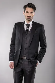 (Ceket+Pantolon+Kravat+Yelek) çentik Yaka Yüksek Kaliteli Resmi Moda Terno Masculino Siyah Kostüm Homme Bir Düğme Erkek Takım Elbise 3 Adet