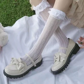 Dantel Lolita Uzun Diz Uyluk Çorap kadın Sevimli Uzun Tüp Aşk Jakarlı Japon Kolej Tarzı Ultra ince Seksi Siyah Beyaz