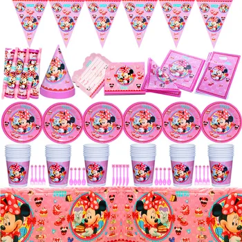 Disney Pembe Minnie Mouse Parti Dekor Çocuklar Doğum Günü Partisi Malzemeleri Parti Dekorasyon Setleri Kağıt Tabaklar Bardaklar Bebek Duş Malzemeleri