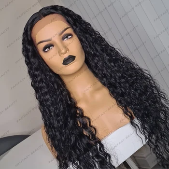 Doğal Jerry Kıvırcık Siyah Renk Yüksek Sıcaklık Fiber Uzun 26 İnç Sentetik Saç Peruk Tutkalsız Şeffaf Dantel ön peruk