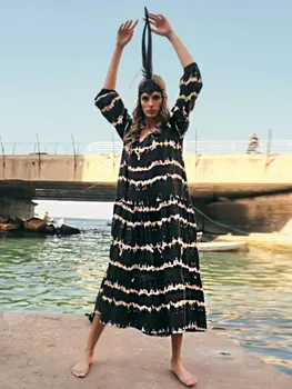 EDOLYNSA Vintage Çizgili Kaftan Rahat V Yaka Uzun Kollu Maxi Elbise Sonbahar 2023 Elbise Kadın Plaj Kıyafeti Maxi Elbise A2123