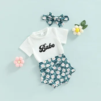 FOCUSNORM 3 adet Bebek Bebek Kız Giysileri Setleri 0-24M Bebek Mektup Kısa Kollu Kazak T Shirt + Ayçiçeği Baskılı Şort Kafa Bandı