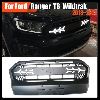 Ford Ranger için T8 Wildtrak 2018~2021 Otomobil Parçaları Örgü İzgaralar Araba Kaput Grille ABS led ışık Tampon İzgaralar Kapak