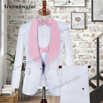 Gwenhwyfar Zarif Groomsmen Şal Yaka Damat Smokin erkek düğün elbisesi Adam Beyaz Blazer Balo Akşam Yemeği Takım Elbise (Ceket + Pantolon + Yelek)