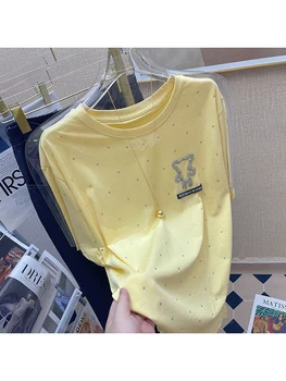 Harajuku Düz Renk Polka Dot Gevşek Rahat kısa kollu tişört 2023 Yaz Yeni Moda Kawaii O Boyun Tees Kadın Giyim