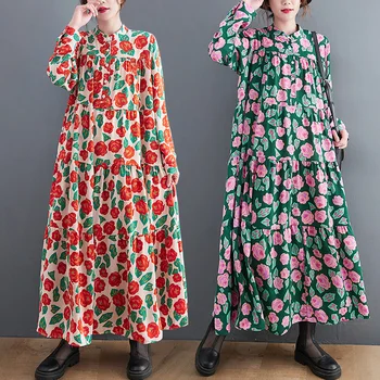 İlkbahar Sonbahar Elbise 2022 Sanat Retro kadın Giyim Gevşek Baskılı Dikiş Gömlek Elbise D1368