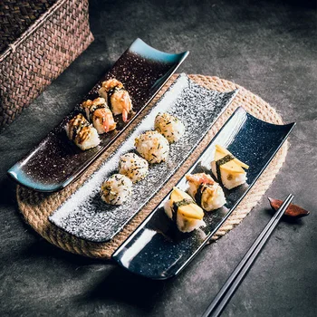Japon tarzı dikdörtgen suşi tabağı, yaratıcı yemekler, düz tabak, tencere restoran, restoran, seramik tabak, garnitür pl