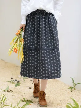Johnature Kadınlar Vintage Baskı Çiçek Etekler Elastik Bel A-Line Elbise 2023 Sonbahar Yeni Pamuk Dimi Kadın Patchwork Etekler