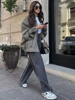 Kadın Moda Eğlence Uzun Kollu Bombacı Ceket 2023 Bahar Moda Fermuar Beyzbol Ceket Yüksek Sokak Rahat Kadın Giyim
