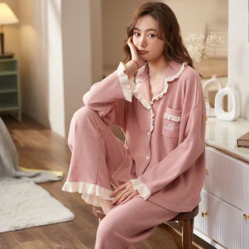 Kadın Pijama 2 Parça Set Ekose Loungewear Yaka Uzun Kollu Üst + Uzun Pantolon Rahat Pijama Ev Giyim Uyku Pijama Mujer
