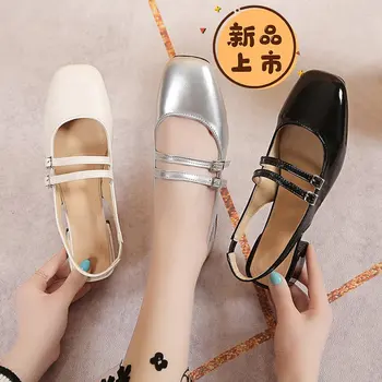 Kadın Sandalet Yaz Ayakkabı Kadın Flats Çift Toka Mary Janes Ayakkabı Patent Deri Elbise Ayakkabı Geri Kayış Zapatos Mujer 2023