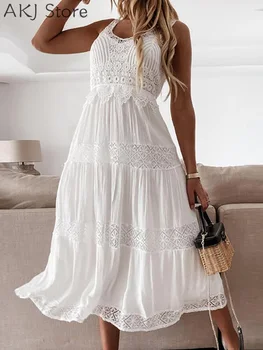 Kadın Yaz Dantel Patchwork kalın kayış kolsuz beyaz evaze elbise