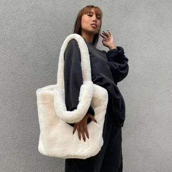 Kadın Yumuşak Peluş El Çantası Düz Renk Taklit Kürk Alışveriş Çantaları Kış büyük Seyahat Çantası Kadın Sıcak Kabarık Tote Çanta Parti Debriyaj