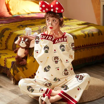 Kadınlar İçin pamuklu Pijama Karikatür Pijama Seti Gecelik Rahat Salon Pijama Genç Kızlar İçin Gevşek Uzun Kollu İlkbahar Yaz