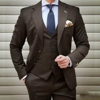 Kahve erkek Takım Elbise Geniş Çentikli Yaka 3 Adet Erkek Ceket Elbise İş (Blazer + Yelek + Pantolon) damat Smokin Düğün Parti