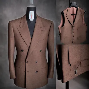 Kahverengi Erkek Takım Elbise Tailor-Made 3 Adet Blazer Yelek Pantolon Kruvaze Doruğa Yaka Smokin Düğün Damat Artı Boyutu Özel
