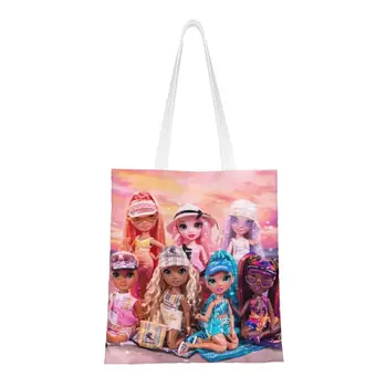 Kawaii Baskılı Gökkuşağı Yüksek Tote Alışveriş Çantaları Kullanımlık Tuval Omuz Shopper Anime Karikatür Tv Çanta