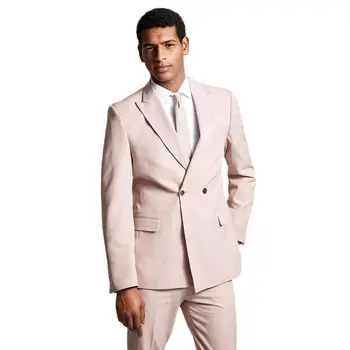 Klasik Açık Pembe Kruvaze Erkek Takım Elbise Tepe Yaka Slim Fit 2 Parça Blazer Pantolon / Erkek Moda Ceket Düğün Setleri