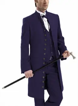 Kostüm erkek 3 Adet Şık Gotik Standı Yaka Takım Elbise Seti Düğün Steampunk Uzun Blazer Ceket Ziyafet Parti Cosplay