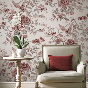 Kırmızı Vintage Kuşlar Ve Çiçekler Duvar Kağıdı Çin çiçekli duvar kağıdı Duvarlar İçin Yatak Odası Oturma Odası Ahşap Duvar Kağıtları Olmayan dokuma