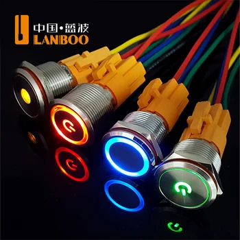 LANBOO 19mm düz sembol Led ışıklı anlık veya mandallı Metal basmalı anahtar IP65 ile