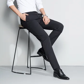 Lansboter Siyah Bahar Ve Yaz Yeni Yüksek elastik gündelik erkek pantolonları İnce İnce Pantolon Olmayan demir Düz