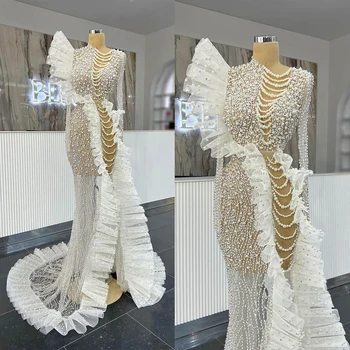 Modern Müslüman Illusion gelinlikler İnciler Boncuklu Bölünmüş düğün elbisesi Custom Made Ruffles See Through Vestido de novia