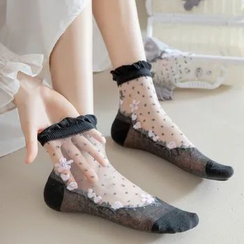 Nefes Sokak Yapış Dantel Fırfır Çorap Ultra ince Şeffaf Yaz İçi Boş Örgü Ekip Çorap Kadın Moda Çiçekler Uzun Çorap