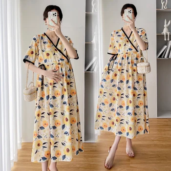 O44085 # Elbise Hamile Çiçek Gevşek Elbise Kadınlar İçin Tatlı Tarzı Yaz Yeni Varış Rahat Gebelik Elbise