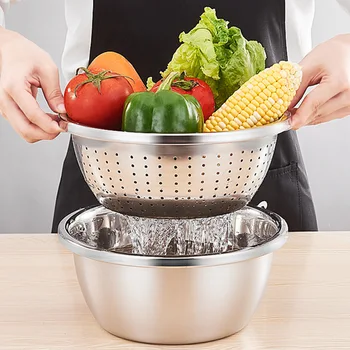 Paslanmaz Çelik karıştırma kaseleri Çırpma Salata Havzası Drenaj Sepeti Pişirme Pişirme Sebze Meyve Yıkama Saklama Kabı