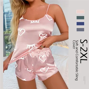 Seksi Pijama Seti kadın 2 Parça Aşk Kalp Baskı Pijama Pijama İpek Saten Cami Üst Şort Pijama Seti Kadınlar için 2023