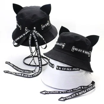 Sevimli Kedi Kulaklar Flama Balıkçı Şapka Kadın Rahat Havza Şapka Katı SunHat Tasarımcı Kova Şapka Unisex Punk Şapka Hip Hop Bonnets