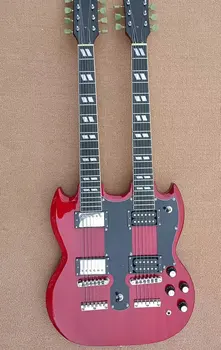 SG çift kafa elektro gitar 12 dizeleri + 6 dizeleri, şeffaf kırmızı gövde maun, LP kartuşu + çift açık kartuş, beyaz me