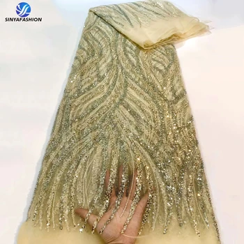 Sinya Renkli Ağır Boncuklu Dantel payetli kumaş Tül Afrika Lüks Kumaş Düğün Parti Elbise İçin